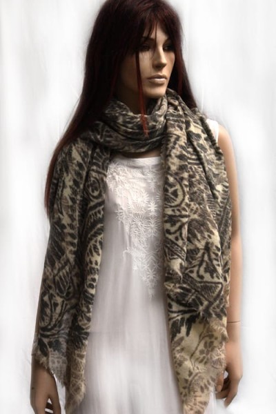 Wollen sjaal of stola met vintage paisley motieven, offwhite, grijs en taupe
