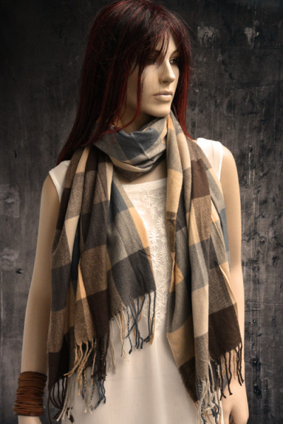 Warme wollen sjaal met ruit- of blokpatroon, bruin, grijs en beige