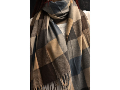 Warme wollen sjaal met ruit- of blokpatroon, bruin, grijs en beige