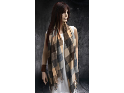 Warme wollen sjaal met ruit- of blokpatroon, bruin, grijs en beige