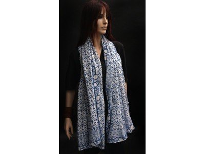 Katoenen sjaal of pareo, blauw en wit, originele blockprint