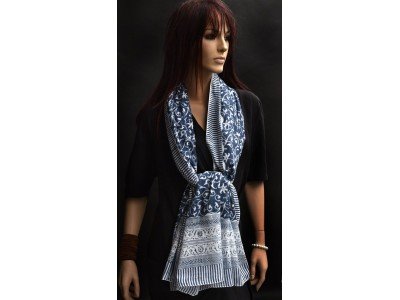 Katoenen sjaal of pareo, blauw wit, originele blockprint