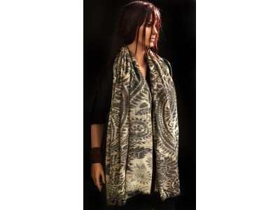Wollen sjaal of stola met vintage paisley motieven, offwhite, grijs en taupe