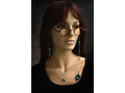 Handmade design brillenkoordje turquoise, asymmetrische kralen