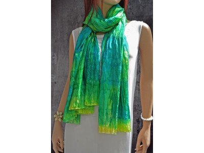 Handgeschilderde zijden pongeesjaal, turquoise, groen, lichtgroen, extra lang