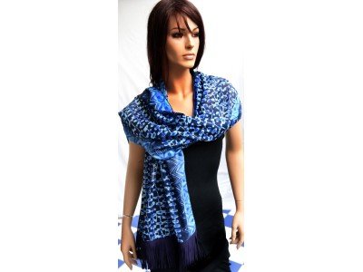 Katoenen sjaal, blauw, turquoise, suedine franjes