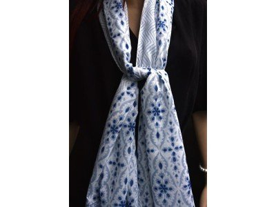 Katoenen sjaaltje, blockprint, blauw, grijs en wit