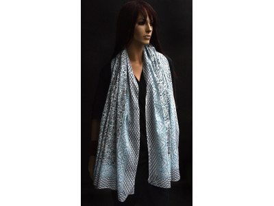 Katoenen sjaal of pareo met originele blockprint, blauw en wit