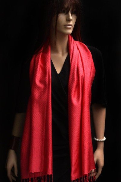 Rood roze zijden sjaal met franjes, jacquard