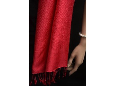 Rood roze zijden sjaal met franjes, jacquard