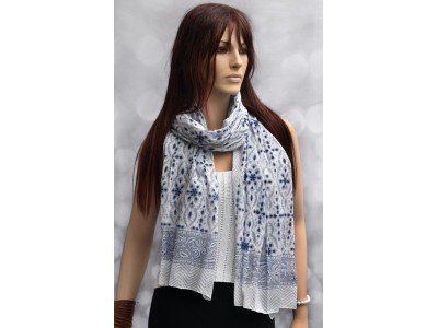 Katoenen sjaaltje, blockprint, blauw, grijs en wit